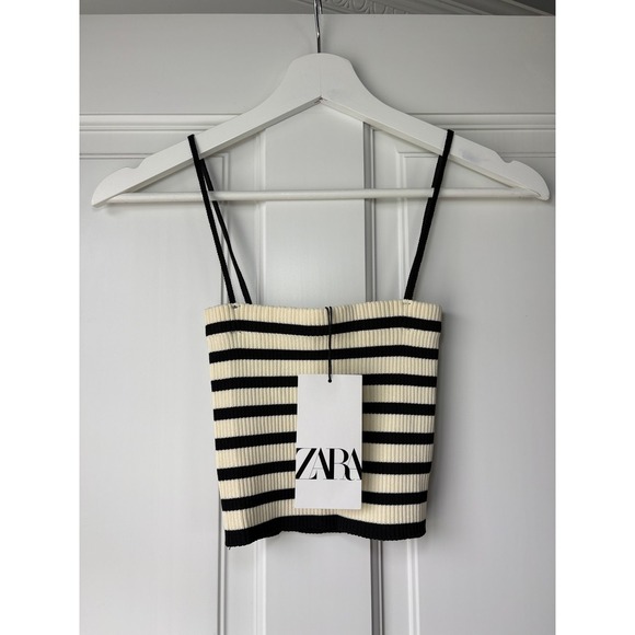 Zara Tops - NWT Zara Striped Knit Camisole Crop Top Small Cream Black Ribbed Spaghetti Strap
